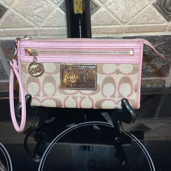 EUC Coach Poppy wallet wristlet in tan and pink canvas with silver accents - Picture 1 of 8